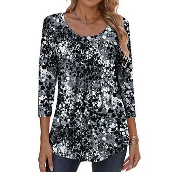 Zeagoo Women s Fall 3/4 Sleeve Round Neck Ink Dot Tops, Pleated Business Work Shirts