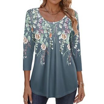 Zeagoo Women s Fall 3/4 Sleeve Round Neck Ink Dot Tops, Pleated Business Work Shirts