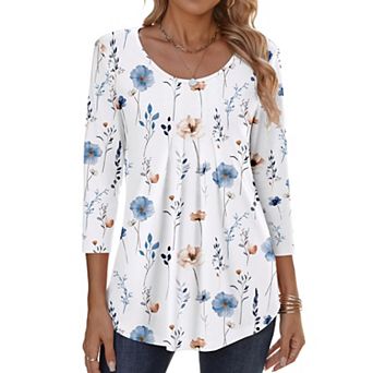 Zeagoo Women s Fall 3/4 Sleeve Round Neck Ink Dot Tops, Pleated Business Work Shirts