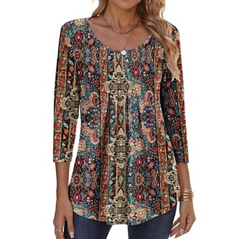 Zeagoo Women s Fall 3/4 Sleeve Round Neck Ink Dot Tops, Pleated Business Work Shirts