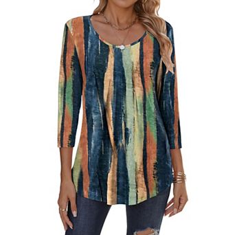Zeagoo Women s Fall 3/4 Sleeve Round Neck Ink Dot Tops, Pleated Business Work Shirts