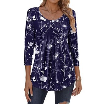 Zeagoo Women s Fall 3/4 Sleeve Round Neck Ink Dot Tops, Pleated Business Work Shirts