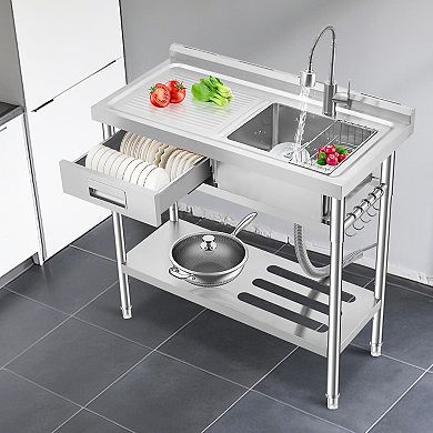 Stainless Steel Kitchen Sink,Drawer Style with Drying Rack, Left Deck Right Single Basin with Faucet