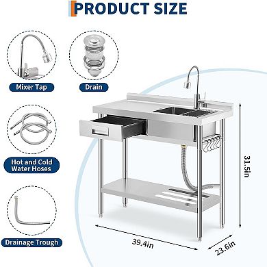 Stainless Steel Kitchen Sink,Drawer Style with Drying Rack, Left Deck Right Single Basin with Faucet