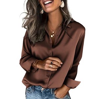 Zeagoo Silk Collared Shirt Women Satin Long Sleeve Blouse Trendy Work Tops for Women