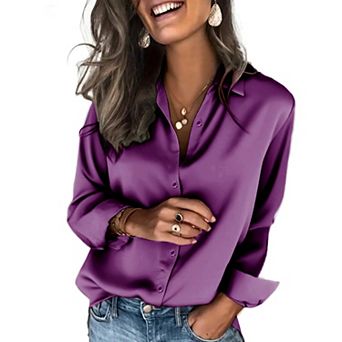 Zeagoo Silk Collared Shirt Women Satin Long Sleeve Blouse Trendy Work Tops for Women