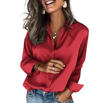 Zeagoo Silk Collared Shirt Women Satin Long Sleeve Blouse Trendy Work Tops for Women