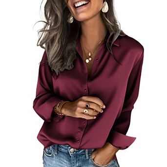 Zeagoo Silk Collared Shirt Women Satin Long Sleeve Blouse Trendy Work Tops for Women
