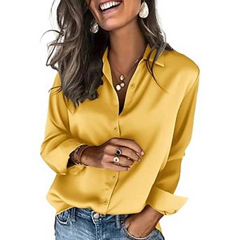 Zeagoo Silk Collared Shirt Women Satin Long Sleeve Blouse Trendy Work Tops for Women