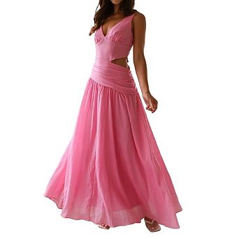 Women's Long Drop Waist Ruched Summer Dress Flowy V Neck Sleeveless Cut Out Pleated Ladies Dresses