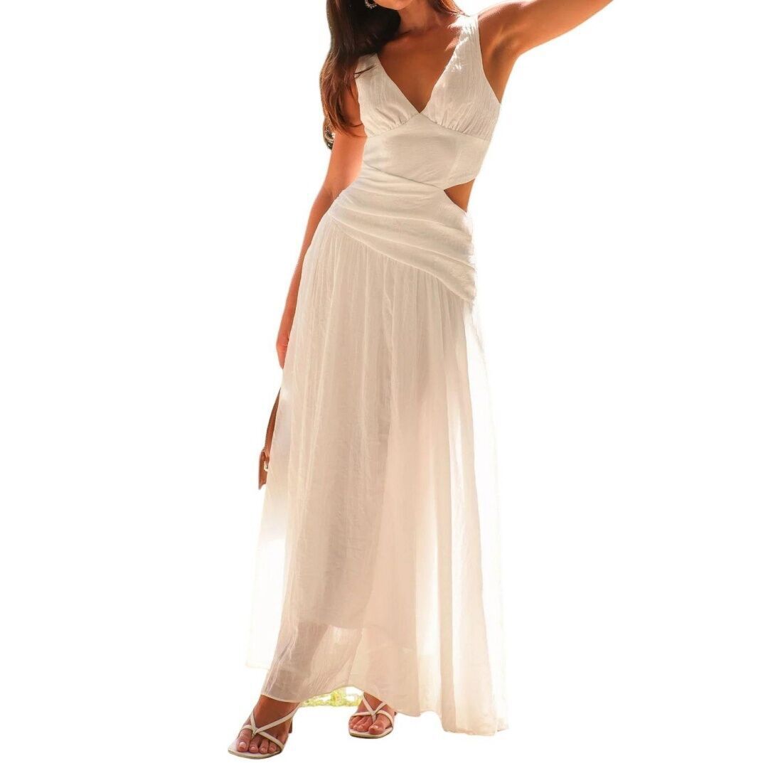 Женские платья Long Drop Waist Ruched Summer Dress Flowy V Neck Sleeveless Cut Out Pleated Ladies Dresses