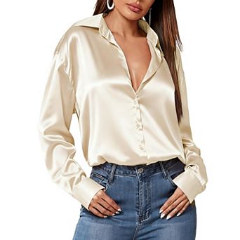 Zeagoo Silk Tops for Women Satin Long Sleeve V Neck Casual Office Work Blouse Tunic Tops