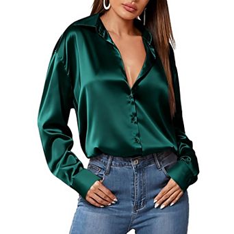 Zeagoo Silk Tops for Women Satin Long Sleeve V Neck Casual Office Work Blouse Tunic Tops