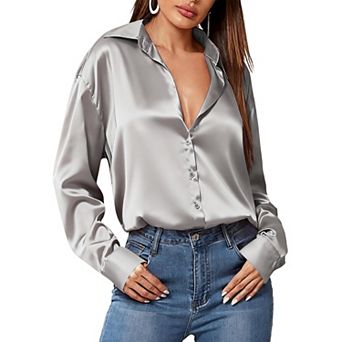 Zeagoo Silk Tops for Women Satin Long Sleeve V Neck Casual Office Work Blouse Tunic Tops