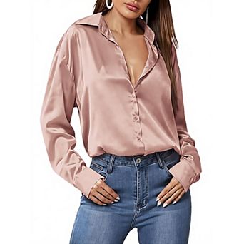 Zeagoo Silk Tops for Women Satin Long Sleeve V Neck Casual Office Work Blouse Tunic Tops