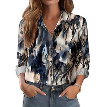 Zeagoo Women's Button Down Shirts, Business Casual White Floral Dressy Tops Long Sleeve Work Blouses