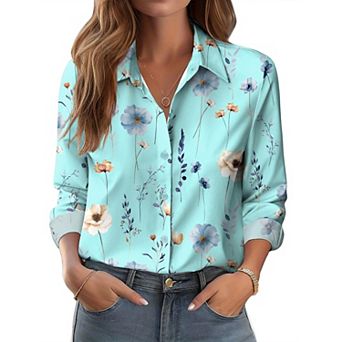 Zeagoo Women's Button Down Shirts, Business Casual White Floral Dressy Tops Long Sleeve Work Blouses