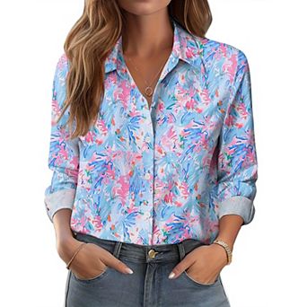 Zeagoo Women's Button Down Shirts, Business Casual White Floral Dressy Tops Long Sleeve Work Blouses