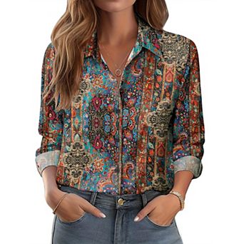Zeagoo Women's Button Down Shirts, Business Casual White Floral Dressy Tops Long Sleeve Work Blouses