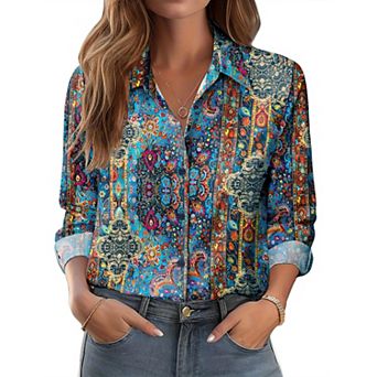 Zeagoo Women's Button Down Shirts, Business Casual White Floral Dressy Tops Long Sleeve Work Blouses