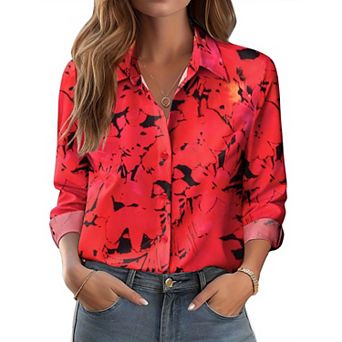 Zeagoo Women's Button Down Shirts, Business Casual White Floral Dressy Tops Long Sleeve Work Blouses