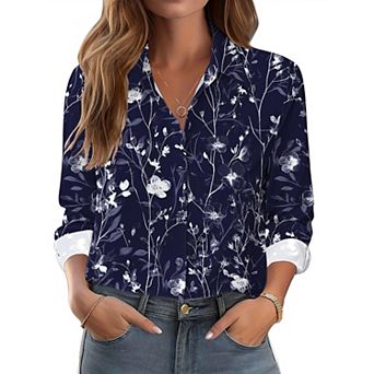 Zeagoo Women's Button Down Shirts, Business Casual White Floral Dressy Tops Long Sleeve Work Blouses