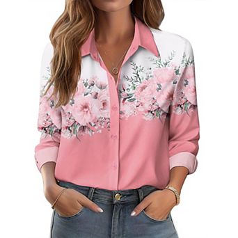 Zeagoo Women's Button Down Shirts, Business Casual White Floral Dressy Tops Long Sleeve Work Blouses