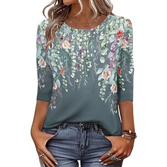 Zeagoo Women s 3/4 Sleeve Crew Neck T Shirts, Business Dressy Blouses for Spring Vacation Outfits
