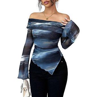 Women's Knitted Mesh Printed Tops Off Shoulder Long Sleeve Irregular Hem T-Shirt
