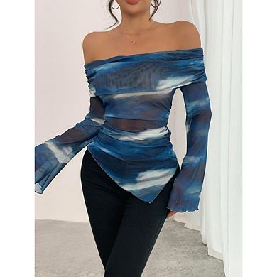 Women's Knitted Mesh Printed Tops Off Shoulder Long Sleeve Irregular Hem T-Shirt