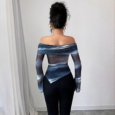 Women's Knitted Mesh Printed Tops Off Shoulder Long Sleeve Irregular Hem T-Shirt