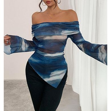 Women's Knitted Mesh Printed Tops Off Shoulder Long Sleeve Irregular Hem T-Shirt