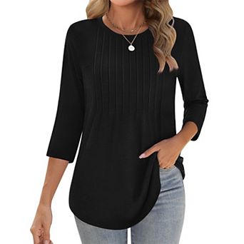 Zeagoo Women s 3/4 Sleeve Loose Pleated Blouse, Casual Crewneck Tunic Tops