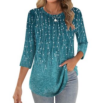 Zeagoo Women s 3/4 Sleeve Loose Pleated Blouse, Casual Crewneck Tunic Tops