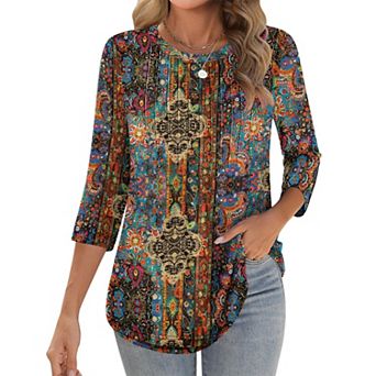 Zeagoo Women s 3/4 Sleeve Loose Pleated Blouse, Casual Crewneck Tunic Tops