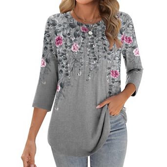 Zeagoo Women s 3/4 Sleeve Loose Pleated Blouse, Casual Crewneck Tunic Tops