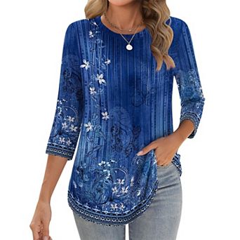 Zeagoo Women s 3/4 Sleeve Loose Pleated Blouse, Casual Crewneck Tunic Tops