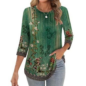 Zeagoo Women s 3/4 Sleeve Loose Pleated Blouse, Casual Crewneck Tunic Tops