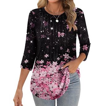 Zeagoo Women s 3/4 Sleeve Loose Pleated Blouse, Casual Crewneck Tunic Tops