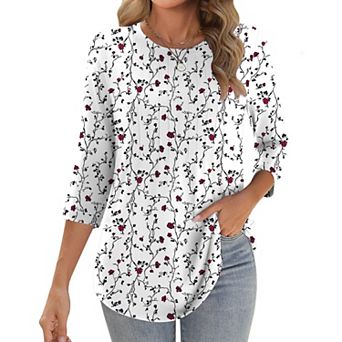 Zeagoo Women s 3/4 Sleeve Loose Pleated Blouse, Casual Crewneck Tunic Tops