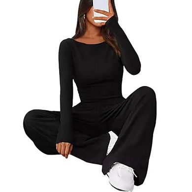 Women 2 Set Long Sleeve Shirts Boat Neck Basic Tees And Wide Leg Pants Elastic High Waisted Trousers