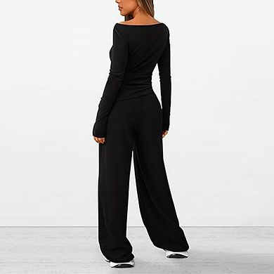 Women 2 Set Long Sleeve Shirts Boat Neck Basic Tees And Wide Leg Pants Elastic High Waisted Trousers