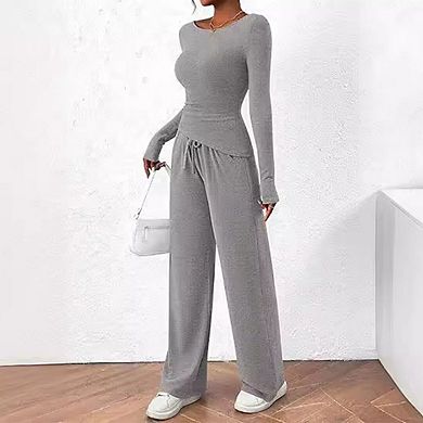 Women 2 Set Long Sleeve Shirts Boat Neck Basic Tees And Wide Leg Pants Elastic High Waisted Trousers