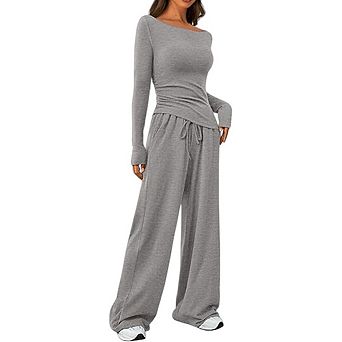 Women 2 Set Long Sleeve Shirts Boat Neck Basic Tees And Wide Leg Pants Elastic High Waisted Trousers