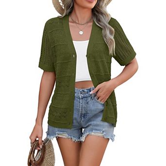 Zeagoo Women's V Neck Crochet Cropped Cardigan Short Sleeve Button Up Bolero Shrug