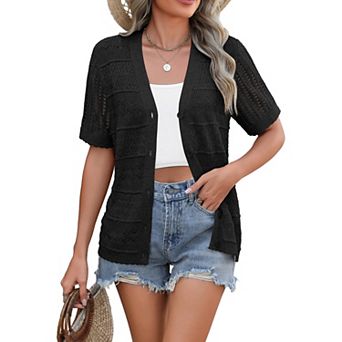 Zeagoo Women's V Neck Crochet Cropped Cardigan Short Sleeve Button Up Bolero Shrug