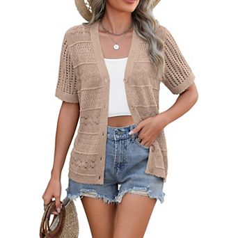 Zeagoo Women's V Neck Crochet Cropped Cardigan Short Sleeve Button Up Bolero Shrug