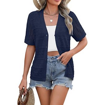 Zeagoo Women's V Neck Crochet Cropped Cardigan Short Sleeve Button Up Bolero Shrug