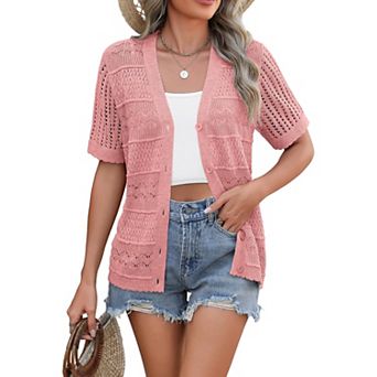 Zeagoo Women's V Neck Crochet Cropped Cardigan Short Sleeve Button Up Bolero Shrug