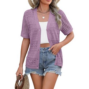 Zeagoo Women's V Neck Crochet Cropped Cardigan Short Sleeve Button Up Bolero Shrug